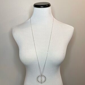 Marlyn Schiff Long Statement Necklace Silver Tone Chain with Circle Pendant